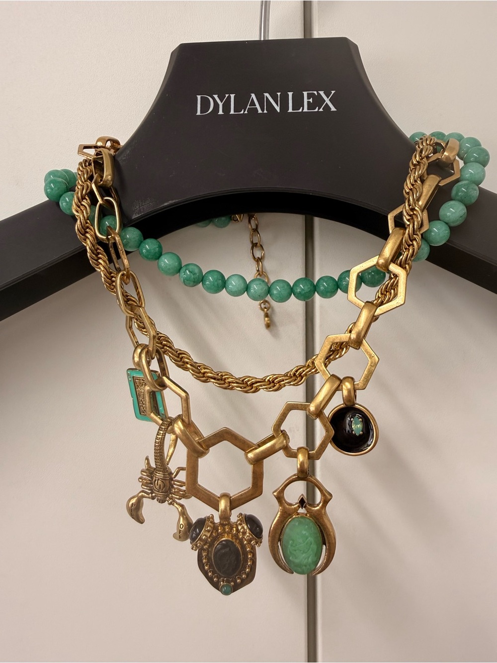 Dylan Lex Gold-Tone Layered Necklace with Green Beads and Pendant Charms
